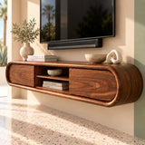 Wall mounted TV stand in natural solid wood with curved sides and open shelf storage
