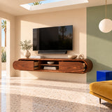 Sleek TV console in natural solid wood with rounded corners and center open storage