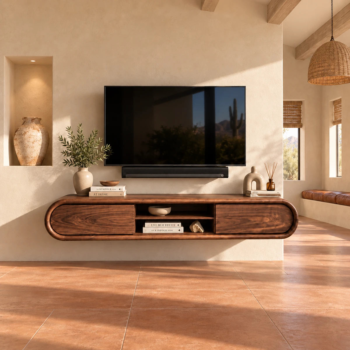 Natural solid wood media cabinet with rounded profile and practical open shelf space