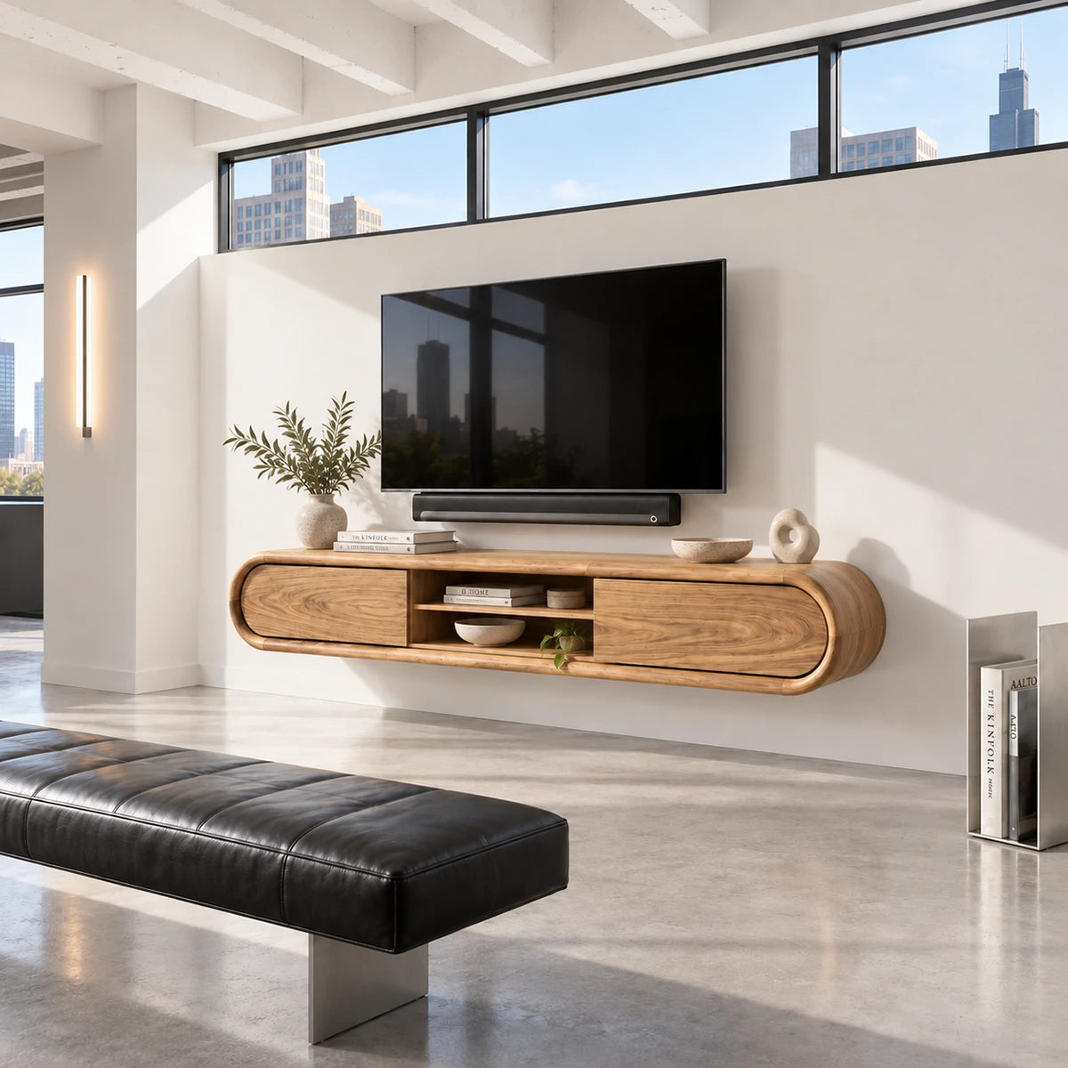 Minimal television stand in natural solid wood with smooth curves and center shelf