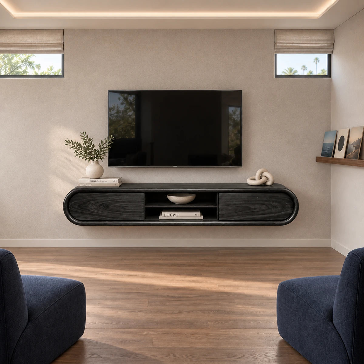 Living room TV stand in natural solid wood with floating form and rounded edges
