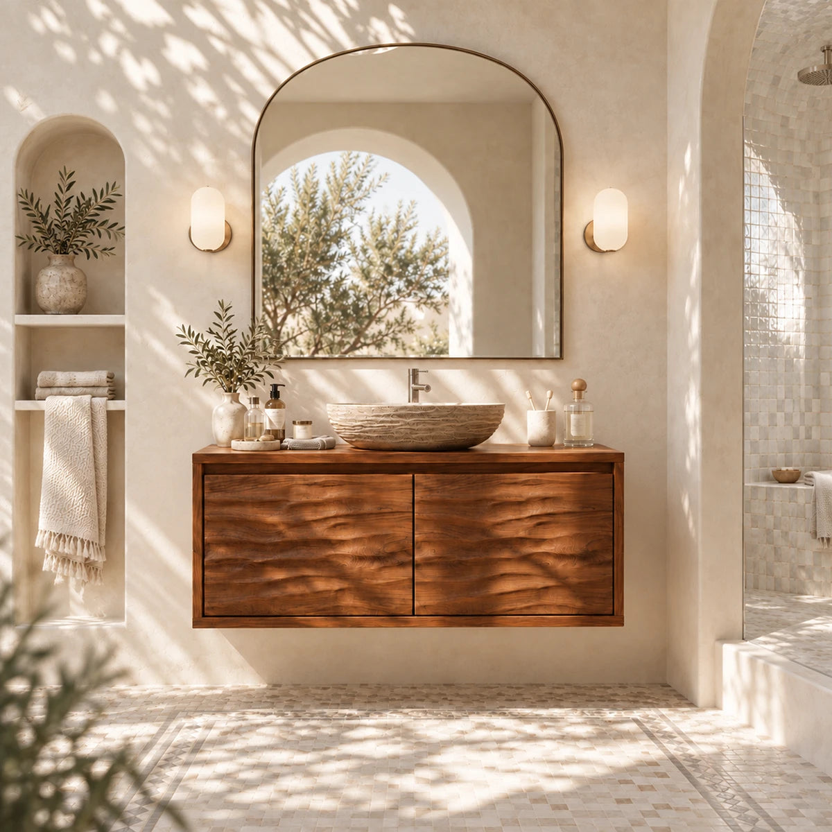 Luxury bathroom vanity in natural solid wood with a sculpted minimalist presence
