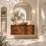Luxury bathroom vanity in natural solid wood with a sculpted minimalist presence