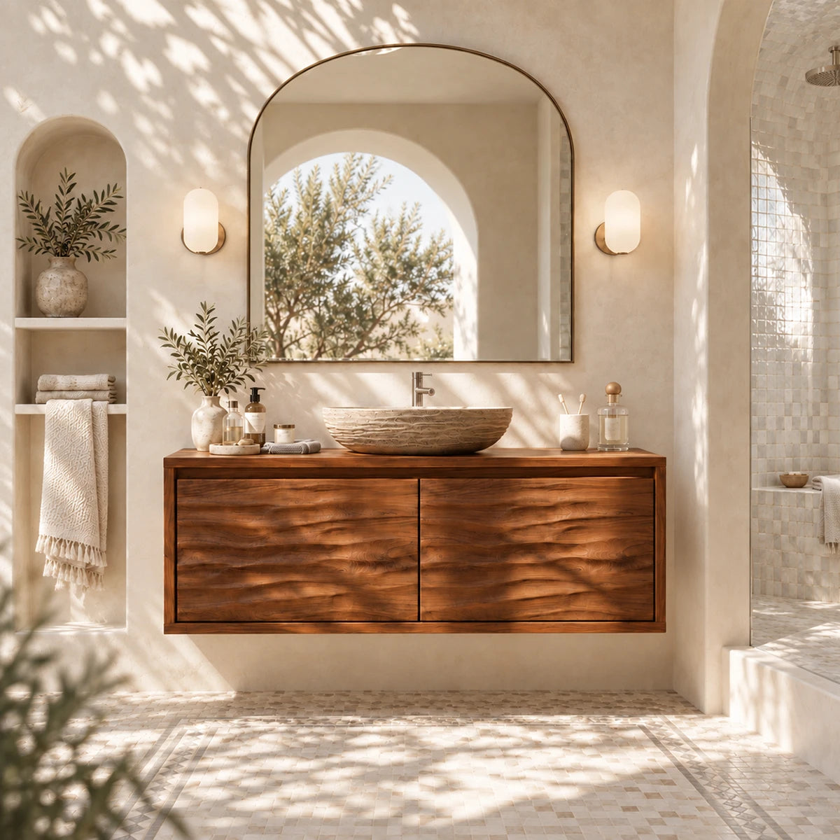Statement bath furniture in natural solid wood with a balanced floating form and presence