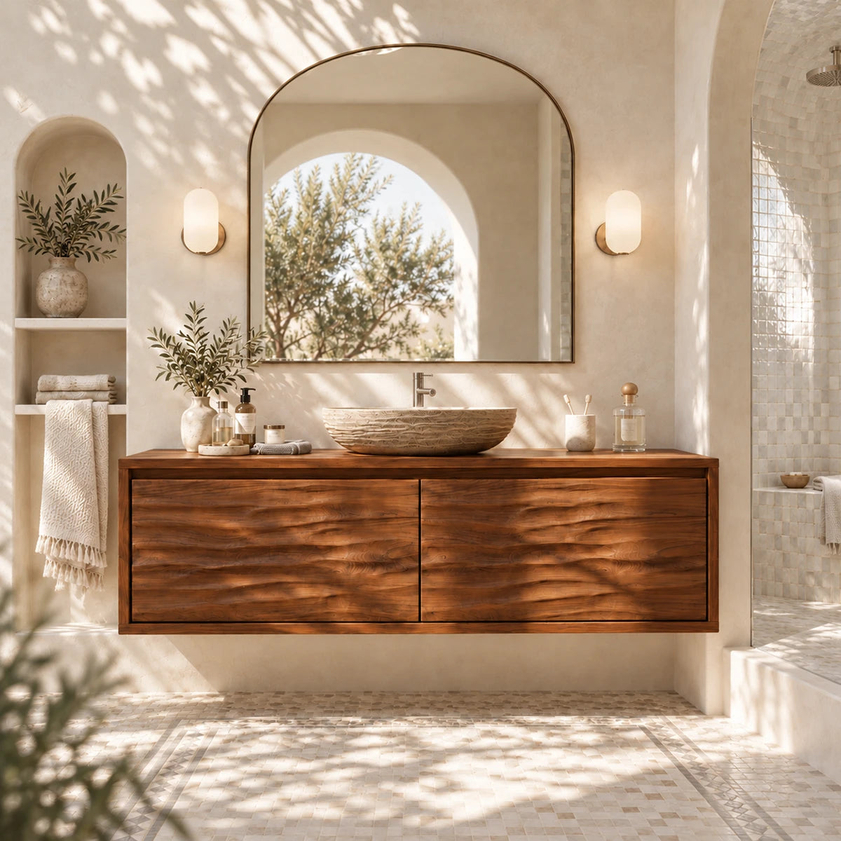 Refined vanity cabinet in natural solid wood with elegant streamlined storage form