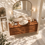 Custom style bathroom vanity in natural solid wood with clean floating geometry and style