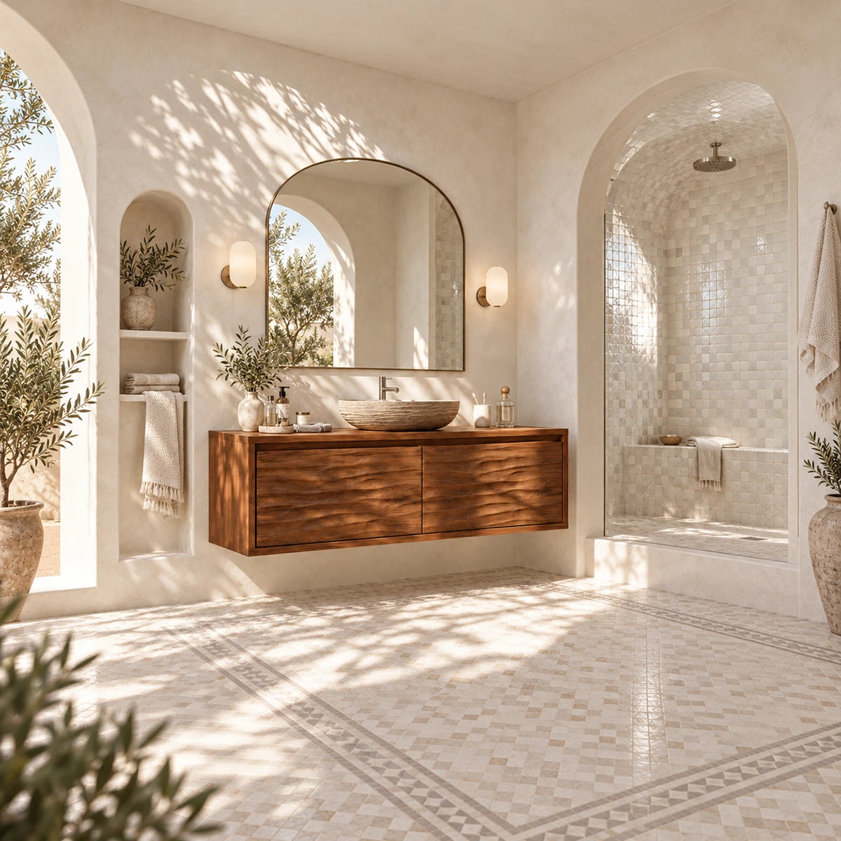 Wall mounted bath cabinet in natural solid wood with a clean lined minimalist look