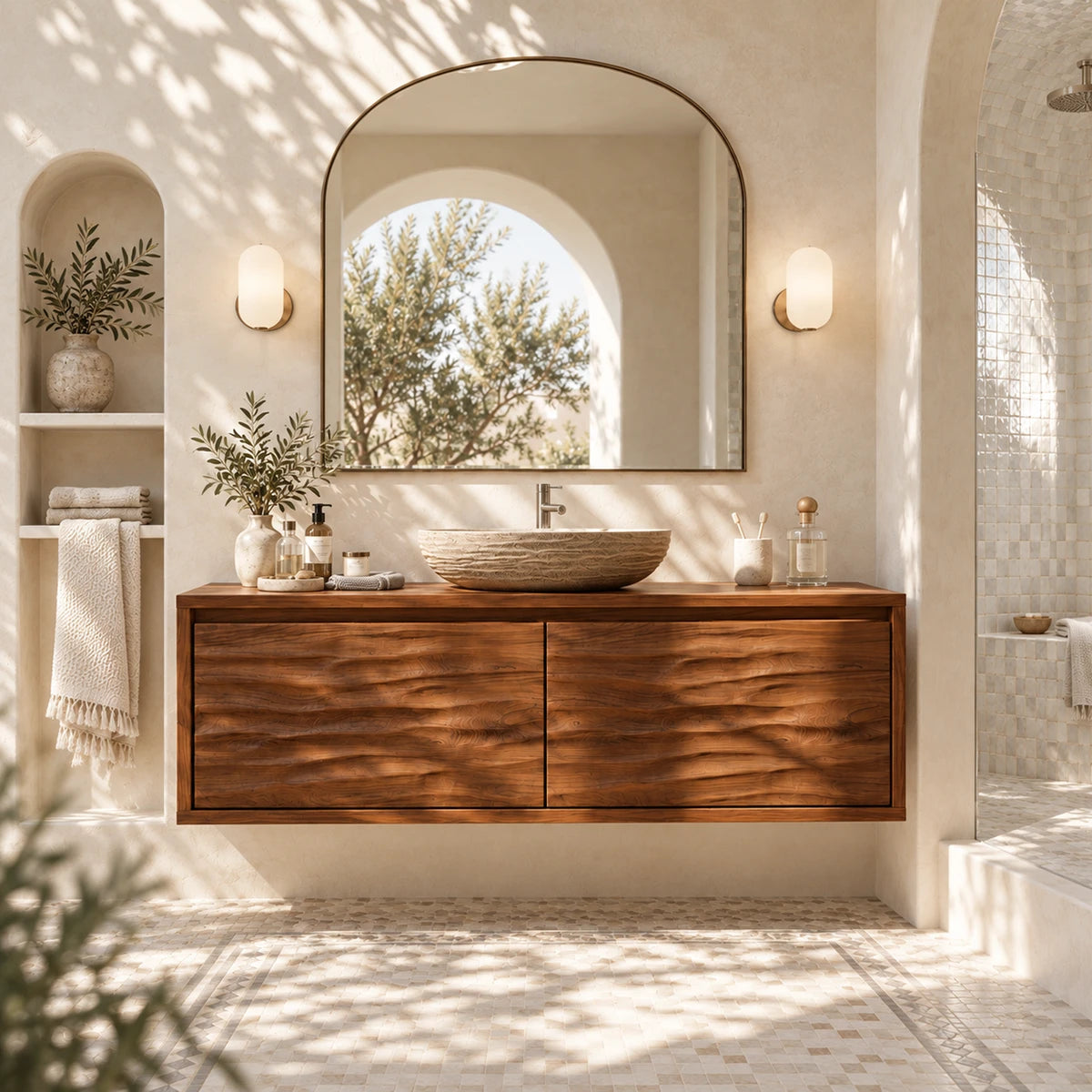 Modern vanity cabinet in natural solid wood with sleek floating storage appeal and style
