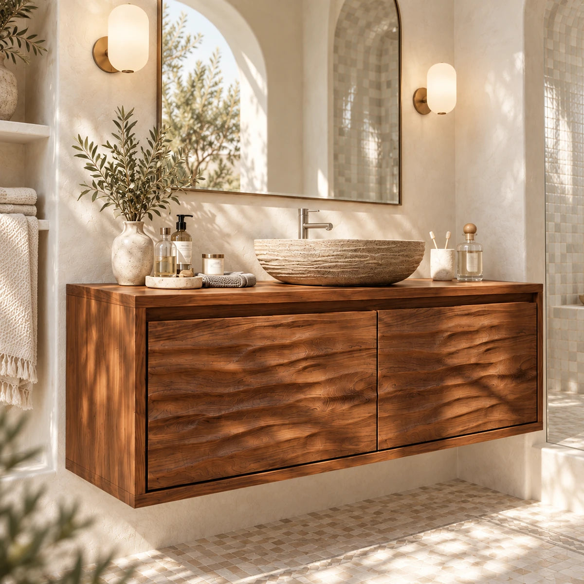 Minimalist bathroom vanity in natural solid wood with a streamlined front profile