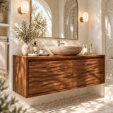 Minimalist bathroom vanity in natural solid wood with a streamlined front profile
