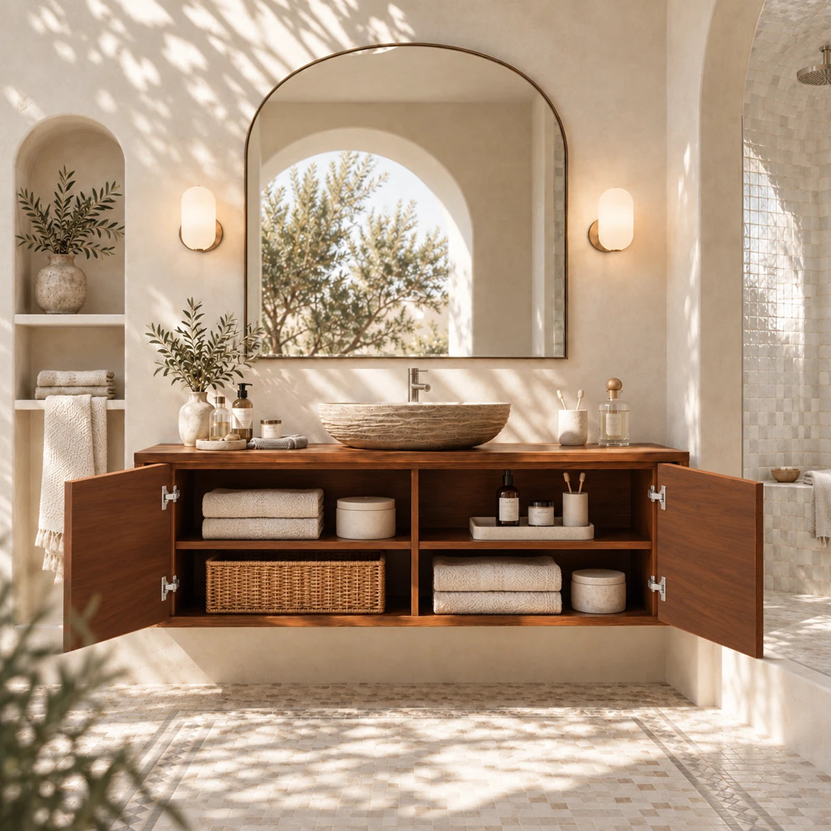 Contemporary bath vanity in natural solid wood with refined floating cabinet design