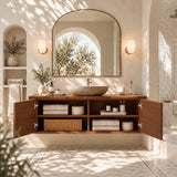 Contemporary bath vanity in natural solid wood with refined floating cabinet design