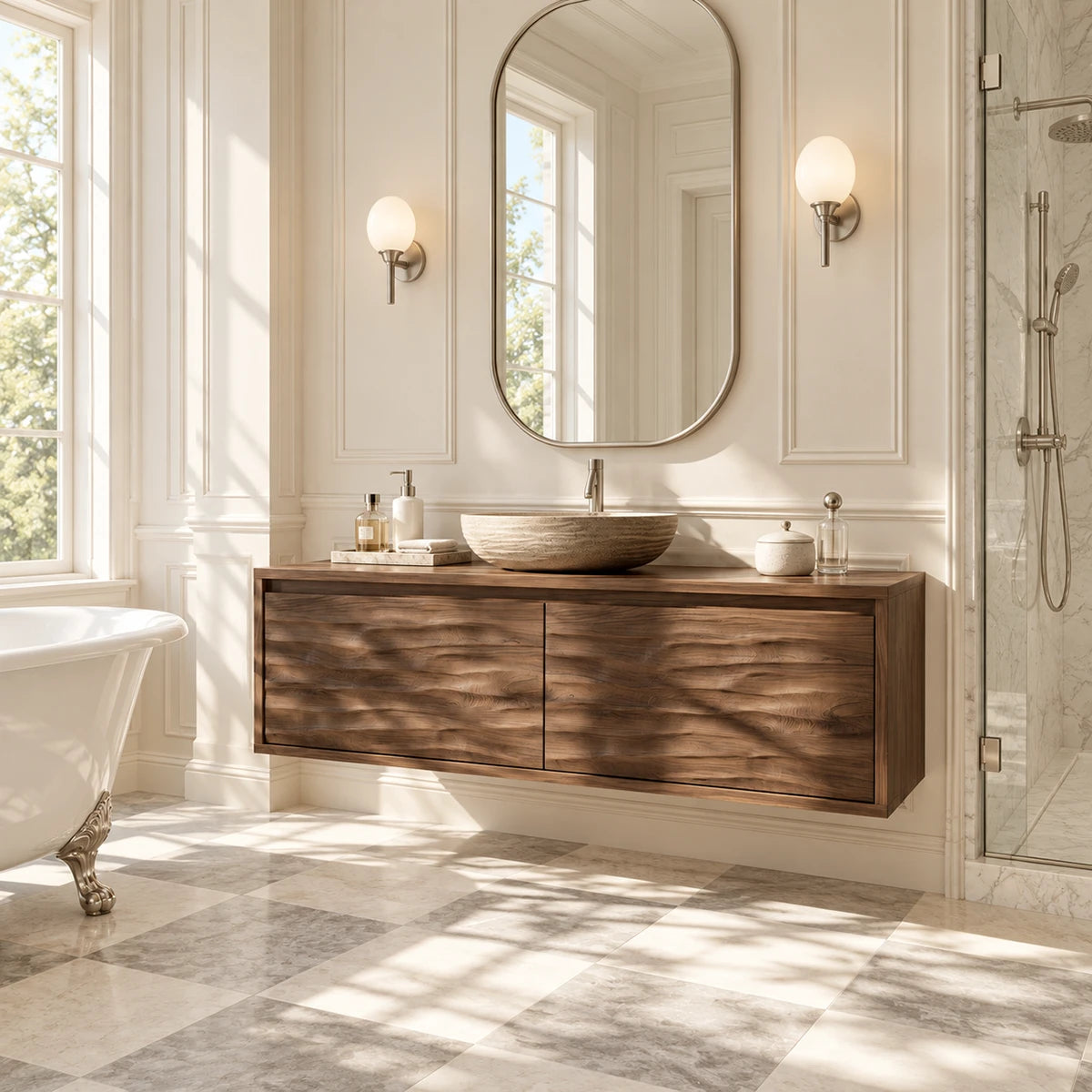 Architectural bathroom cabinet in natural solid wood with smooth front detailing