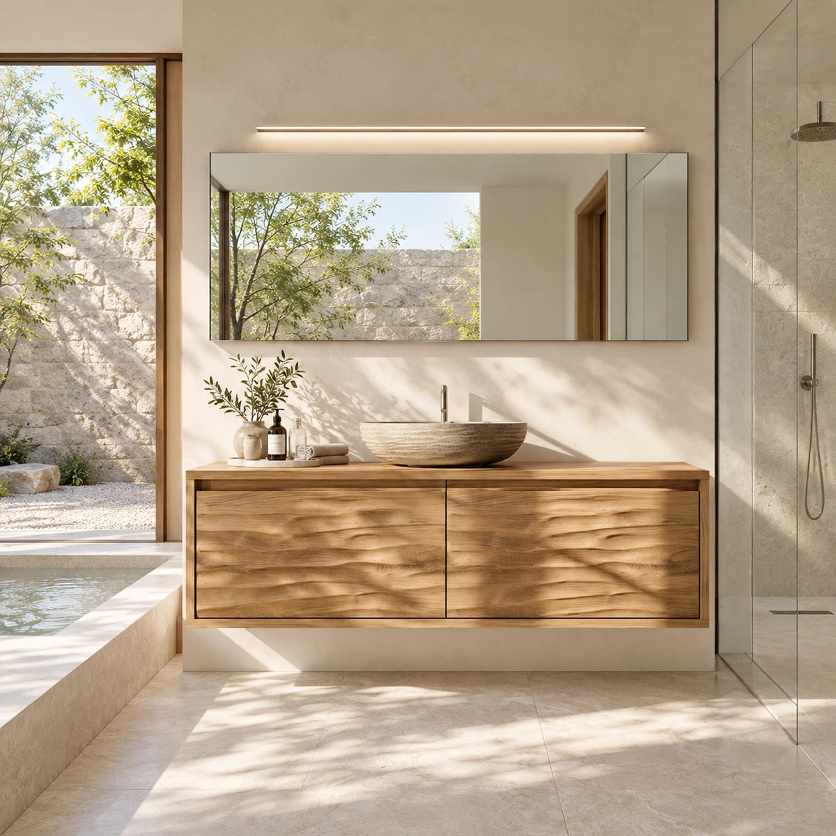 Spa inspired vanity unit in natural solid wood with a warm floating cabinet feel