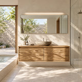 Spa inspired vanity unit in natural solid wood with a warm floating cabinet feel