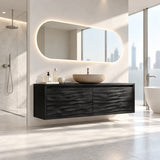 Designer bath cabinet in natural solid wood with understated modern front panels