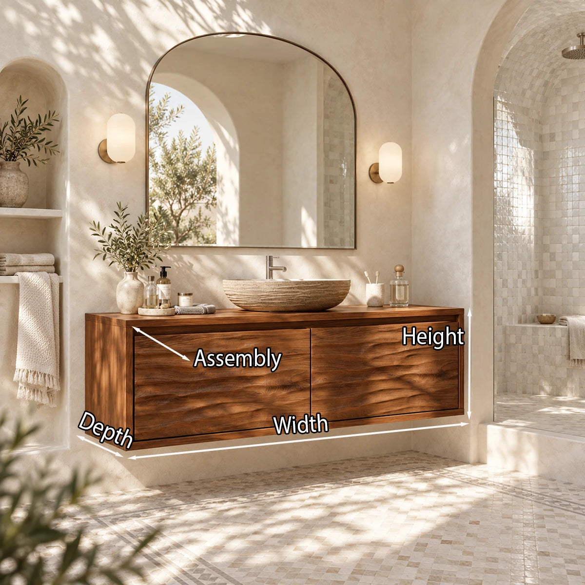 Organic modern vanity in natural solid wood with a sleek wall mounted silhouette