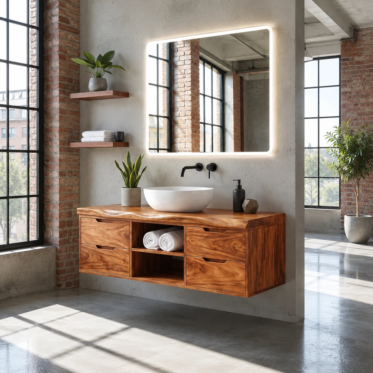 Floating Solid Wood Bathroom Vanity With Four Drawers and Open Storage - ArborisWood - 10