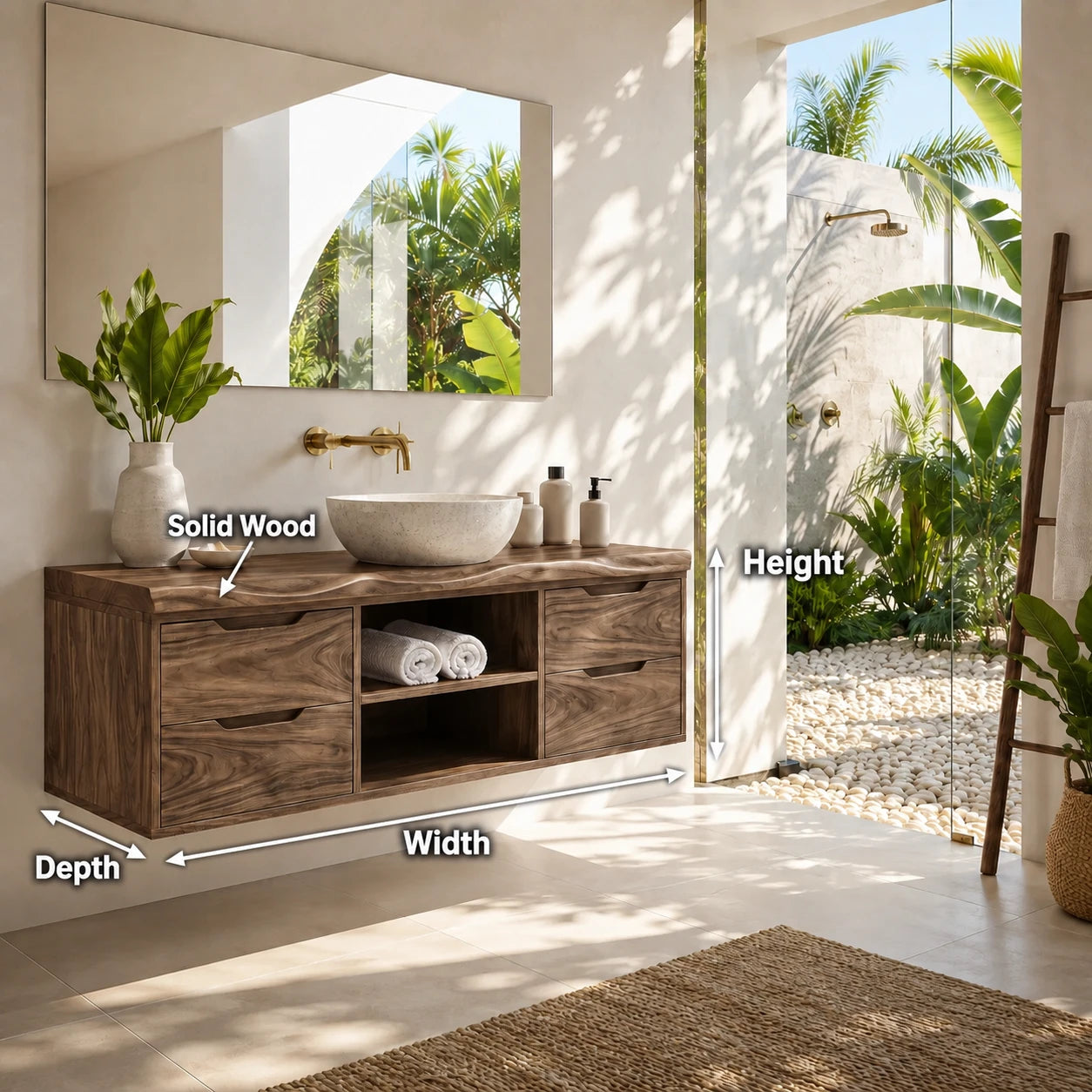 Floating Solid Wood Bathroom Vanity With Four Drawers and Open Storage - ArborisWood - 11
