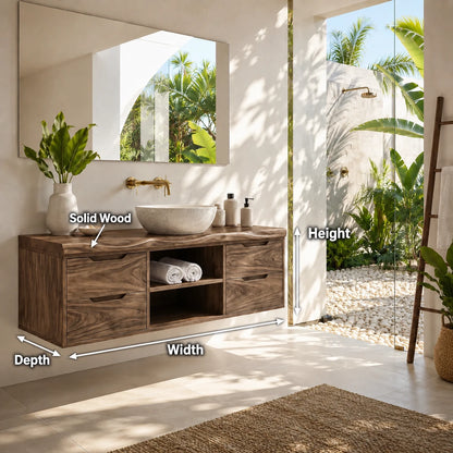 Floating Solid Wood Bathroom Vanity With Four Drawers and Open Storage - ArborisWood - 11