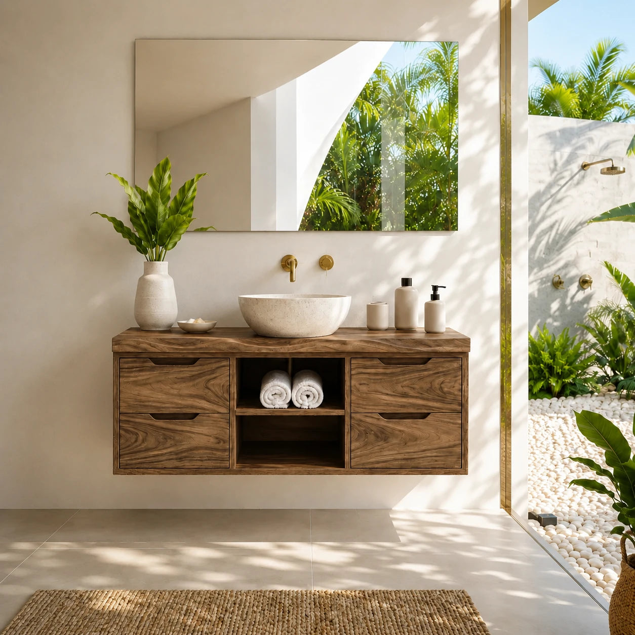 Floating Solid Wood Bathroom Vanity With Four Drawers and Open Storage - ArborisWood - 12