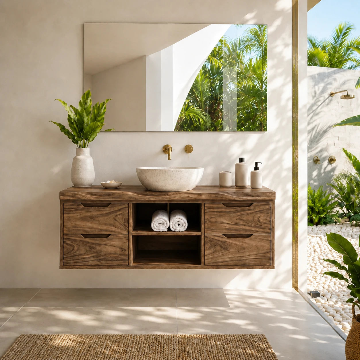 Floating Solid Wood Bathroom Vanity With Four Drawers and Open Storage - ArborisWood - 13