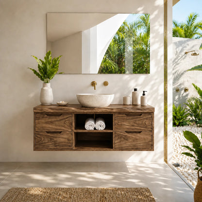 Floating Solid Wood Bathroom Vanity With Four Drawers and Open Storage - ArborisWood - 13