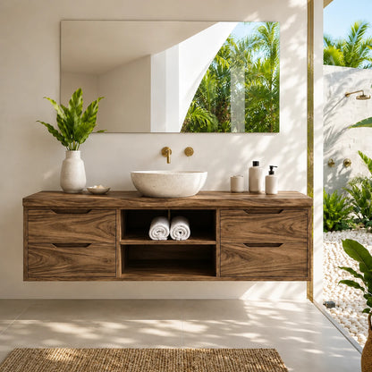 Floating Solid Wood Bathroom Vanity With Four Drawers and Open Storage - ArborisWood - 14