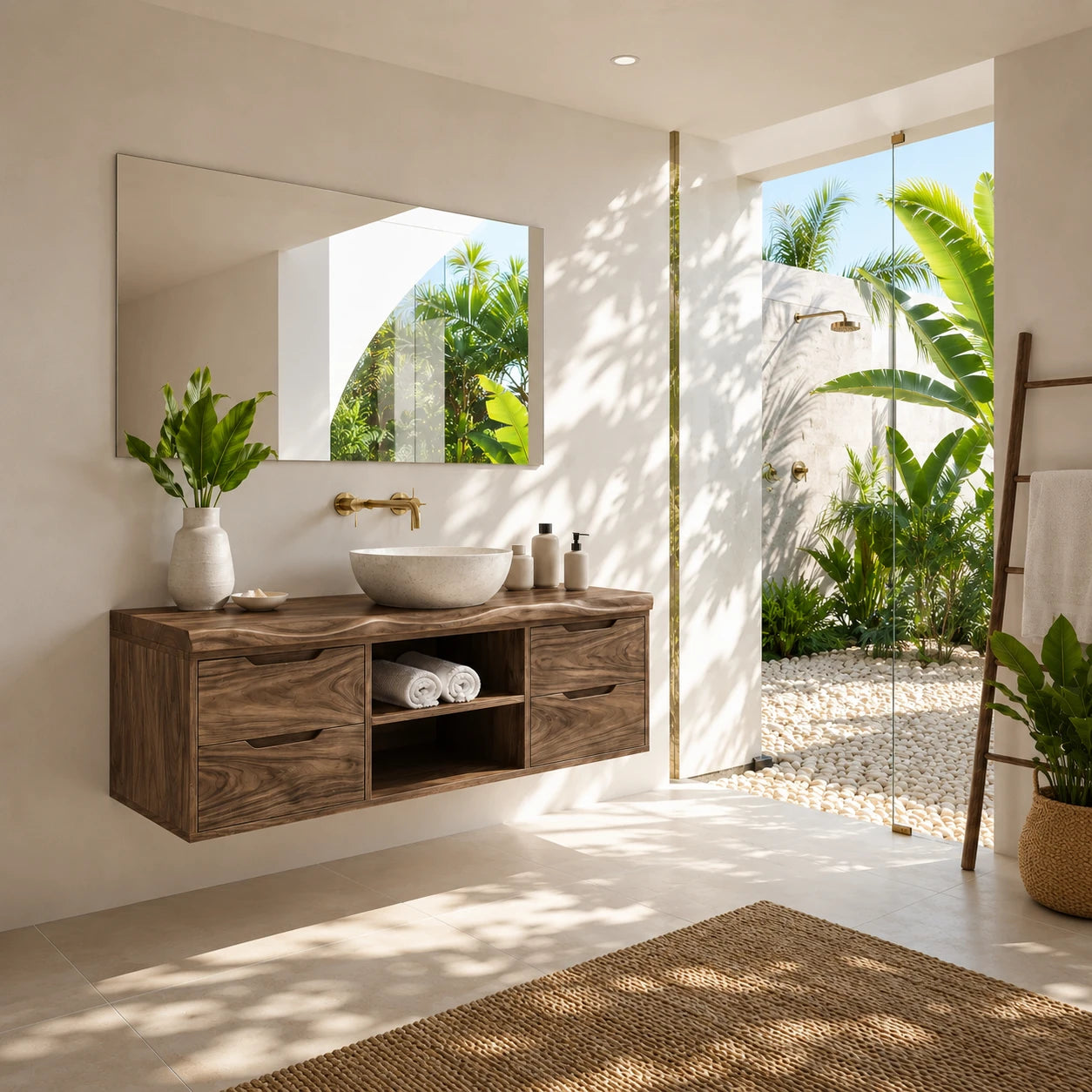 Floating Solid Wood Bathroom Vanity With Four Drawers and Open Storage - ArborisWood - 2