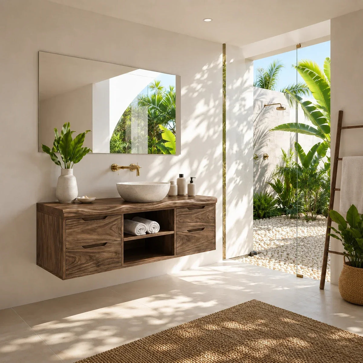 Floating Solid Wood Bathroom Vanity With Four Drawers and Open Storage - Arboriswood - 2