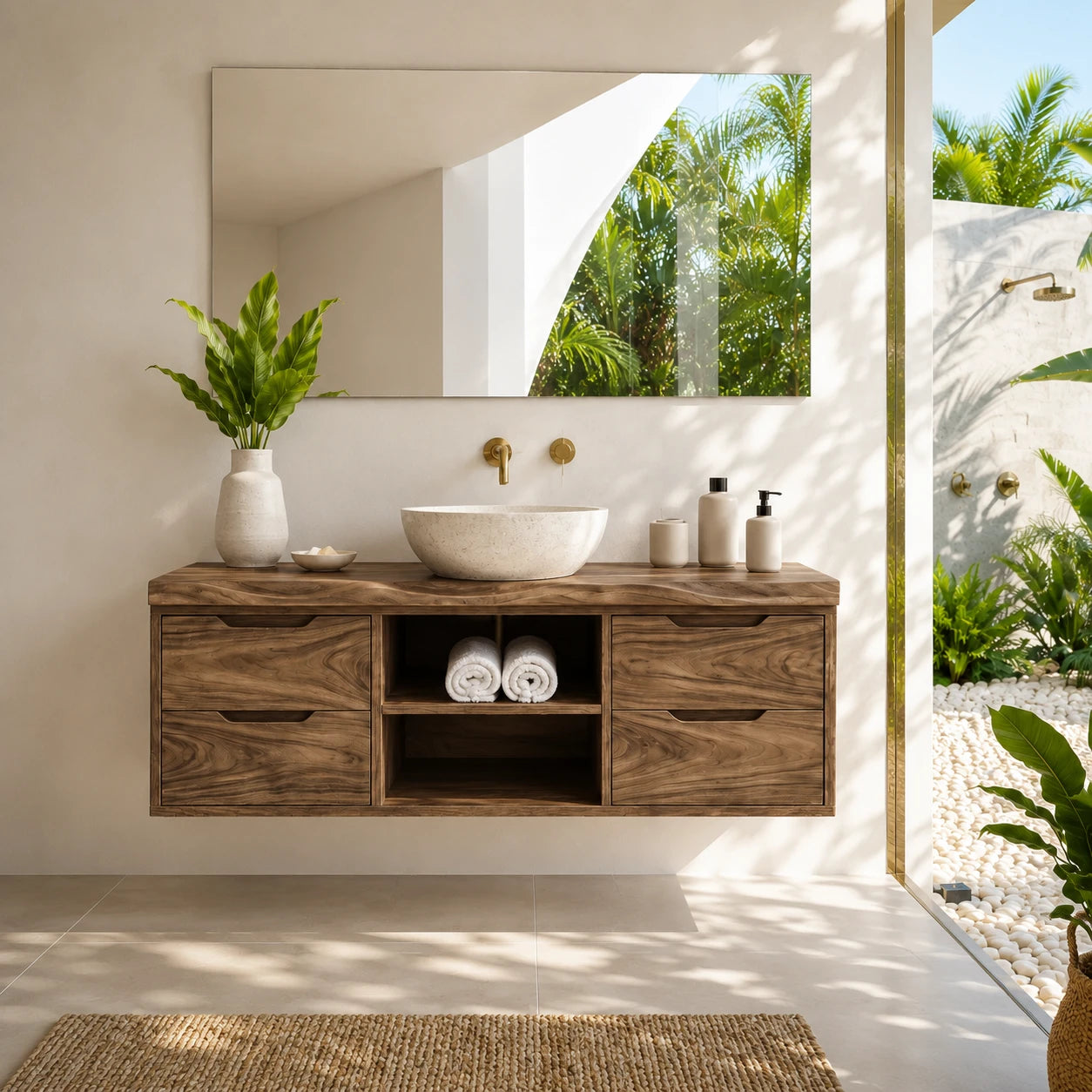 Floating Solid Wood Bathroom Vanity With Four Drawers and Open Storage - ArborisWood - 3