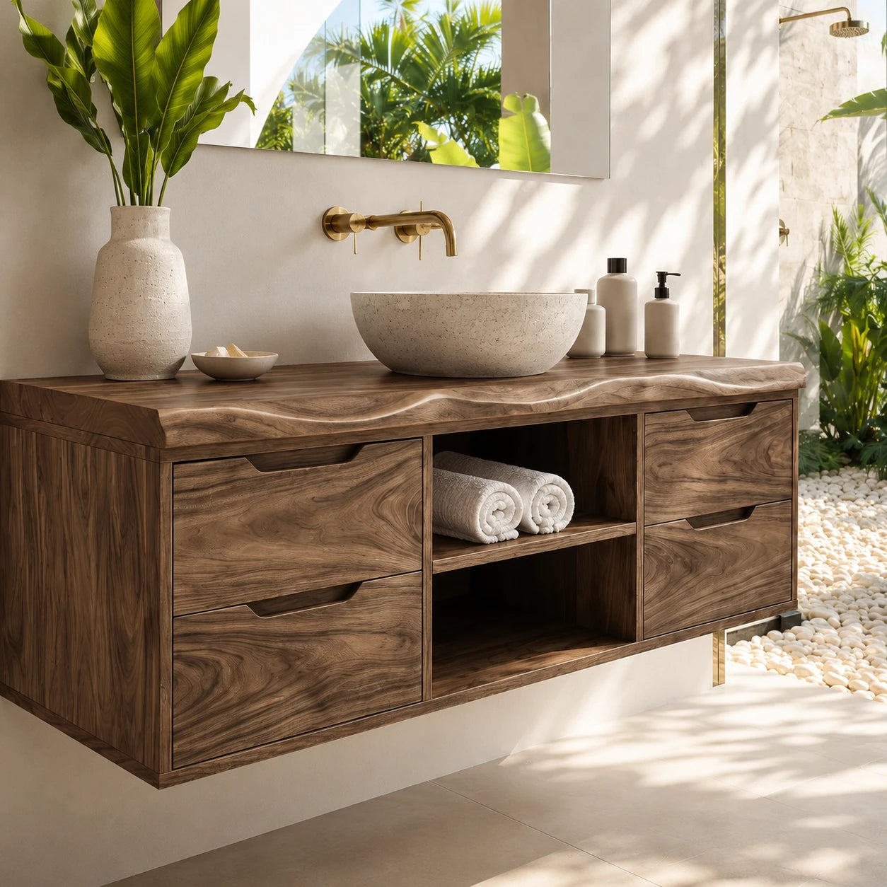Floating Solid Wood Bathroom Vanity With Four Drawers and Open Storage - ArborisWood - 4