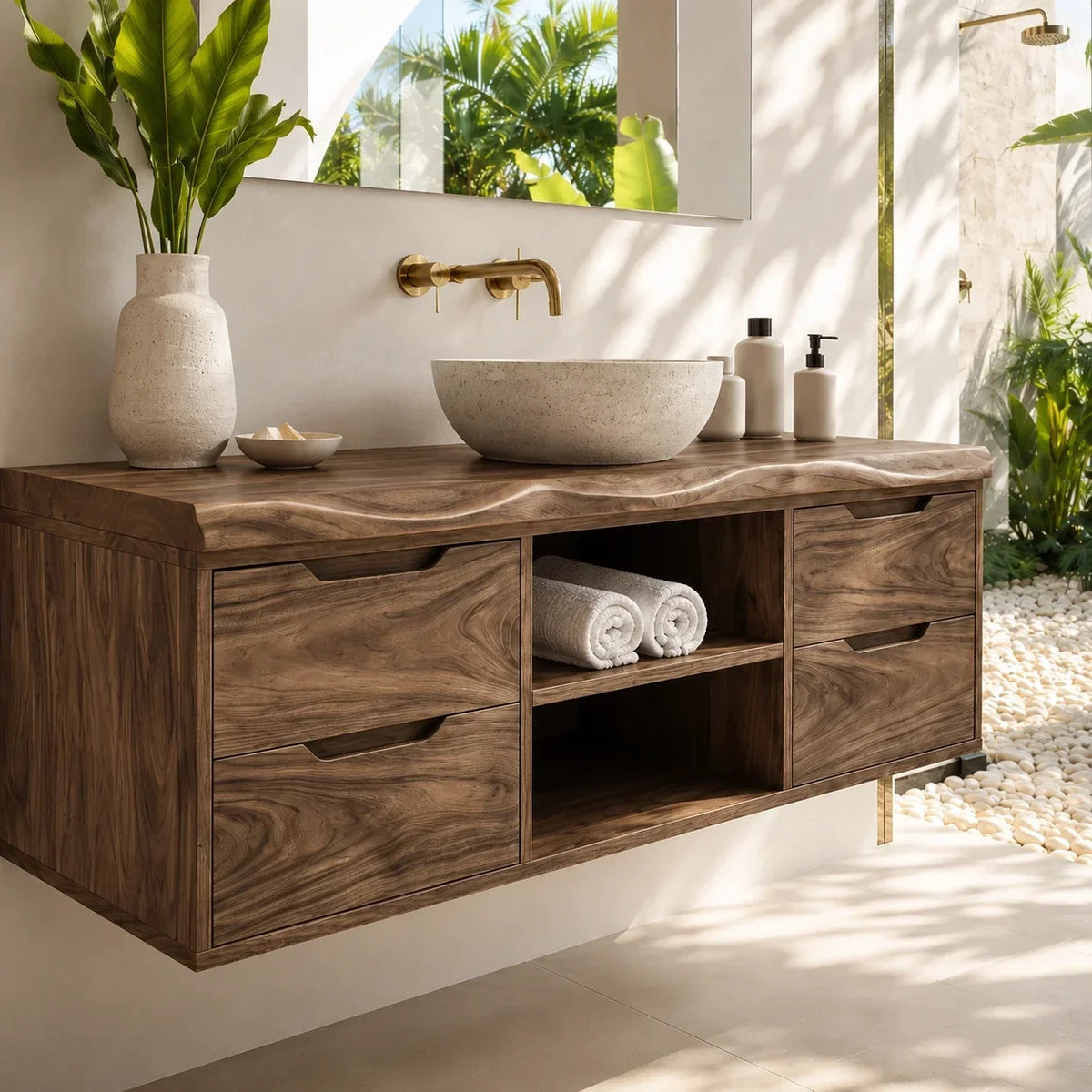 Floating Solid Wood Bathroom Vanity With Four Drawers and Open Storage - Arboriswood - 4