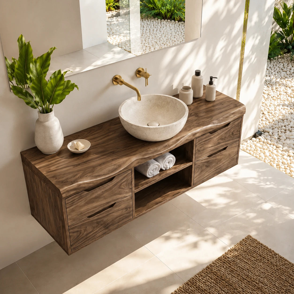 Floating Solid Wood Bathroom Vanity With Four Drawers and Open Storage - ArborisWood - 5