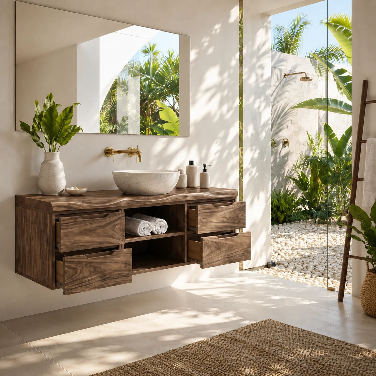 Floating Solid Wood Bathroom Vanity With Four Drawers and Open Storage - ArborisWood - 6