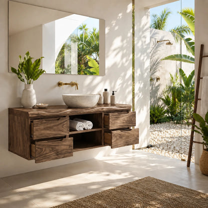 Floating Solid Wood Bathroom Vanity With Four Drawers and Open Storage - ArborisWood - 6