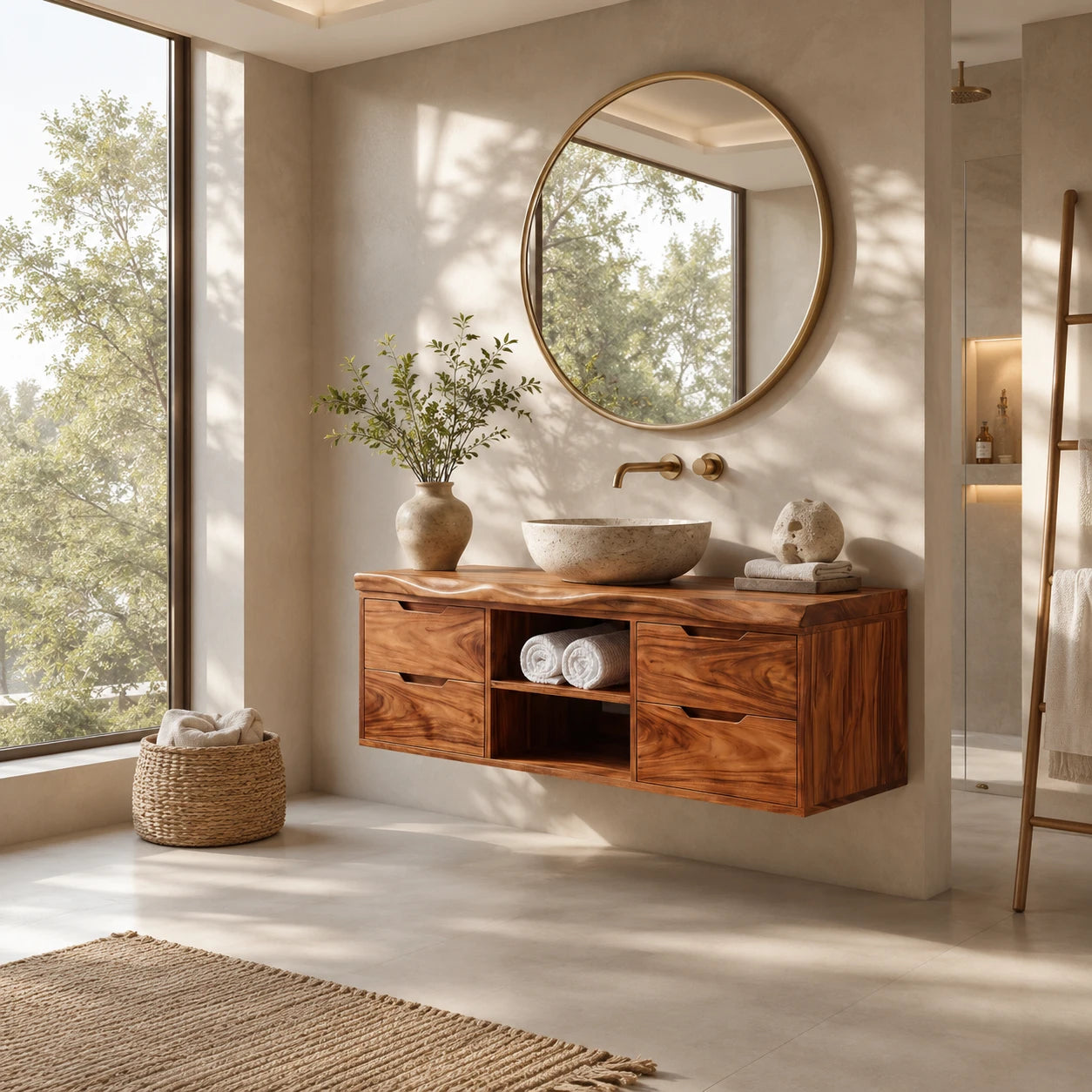 Floating Solid Wood Bathroom Vanity With Four Drawers and Open Storage - ArborisWood - 7
