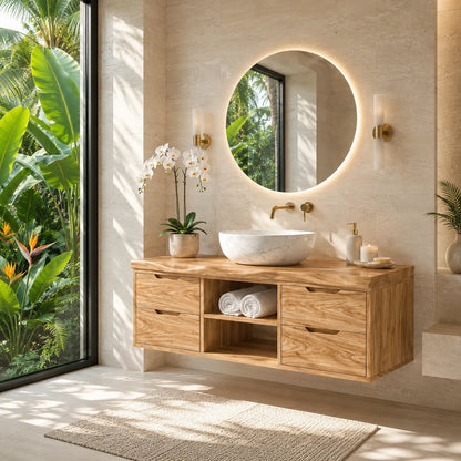 Floating Solid Wood Bathroom Vanity With Four Drawers and Open Storage - ArborisWood - 8