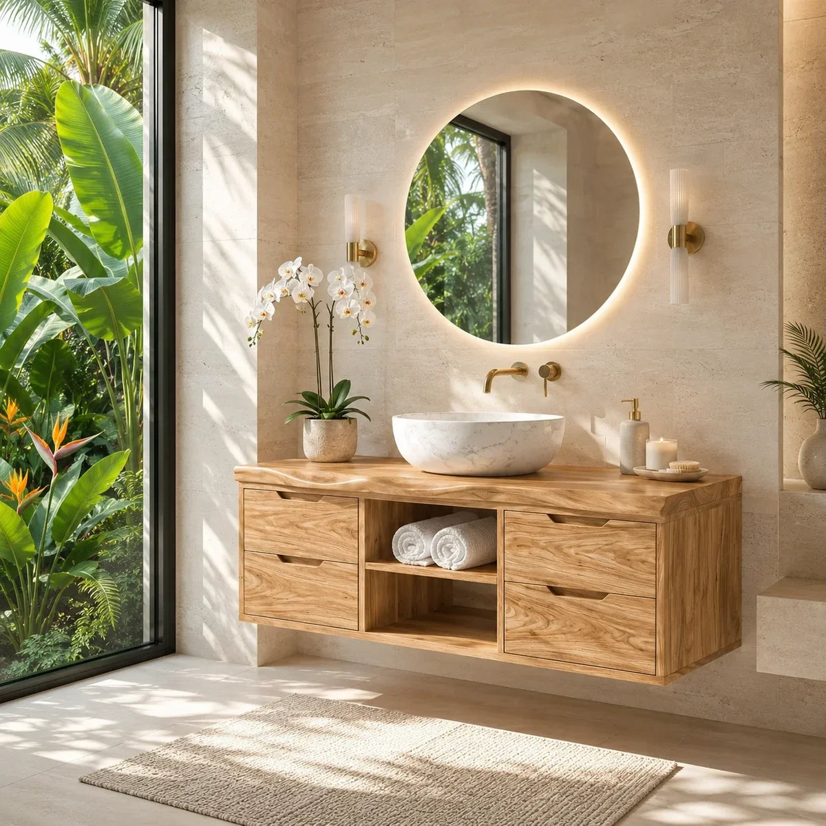Floating Solid Wood Bathroom Vanity With Four Drawers and Open Storage - Arboriswood - 8