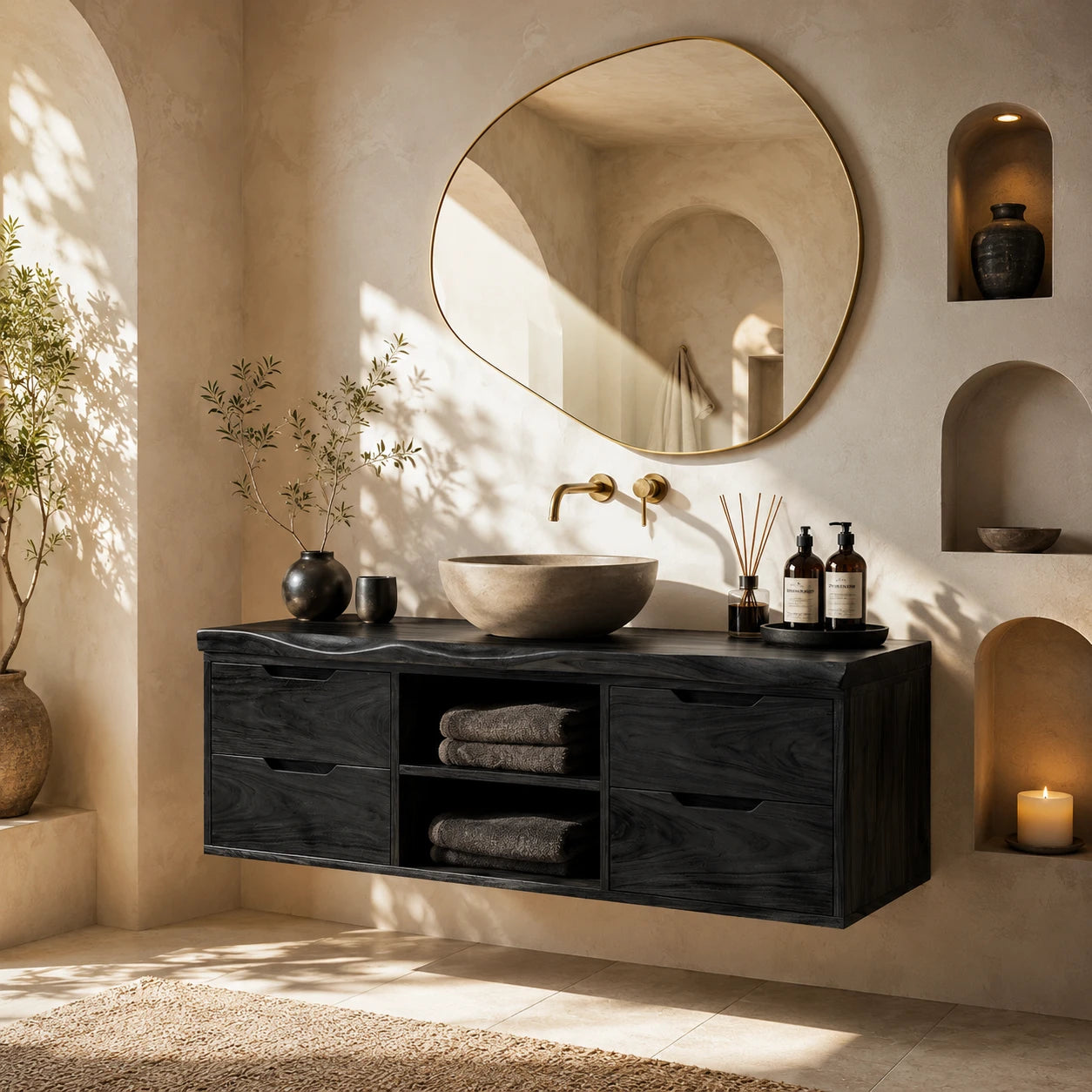 Floating Solid Wood Bathroom Vanity With Four Drawers and Open Storage - ArborisWood - 9