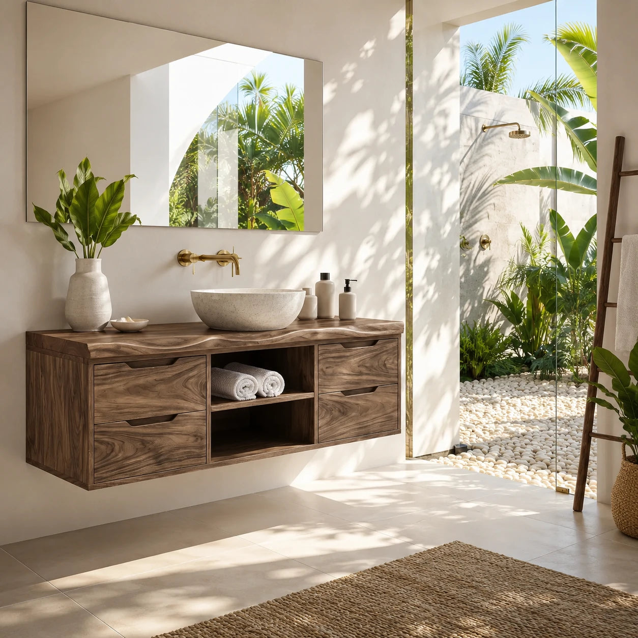 Floating Solid Wood Bathroom Vanity With Four Drawers and Open Storage - ArborisWood