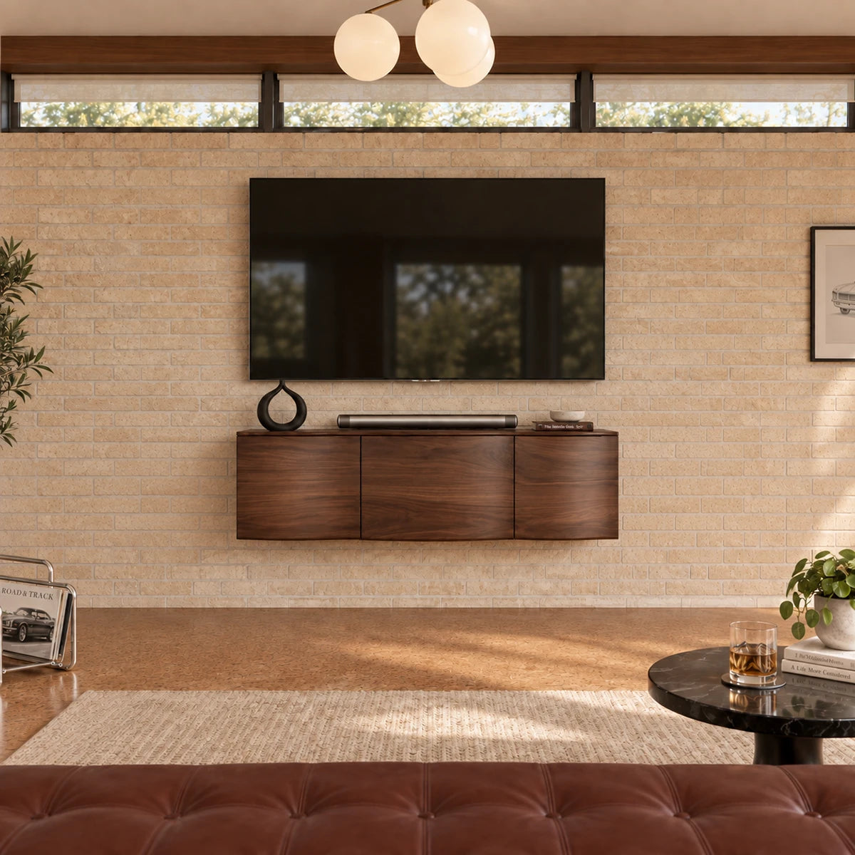 Streamlined TV storage unit in solid wood with floating design and smooth panels
