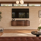 Streamlined TV storage unit in solid wood with floating design and smooth panels
