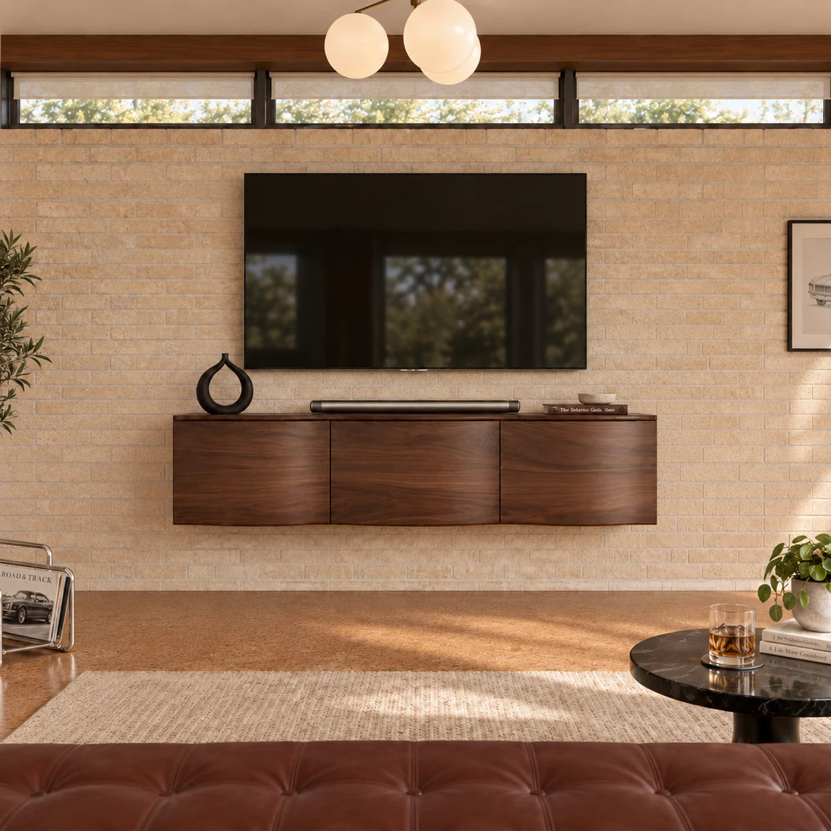 Sleek media cabinet in solid wood with a wall-mounted frame and understated style
