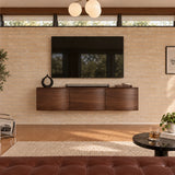 Sleek media cabinet in solid wood with a wall-mounted frame and understated style

