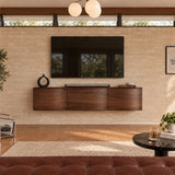 Minimal TV console in solid wood with floating installation and a modern presence
