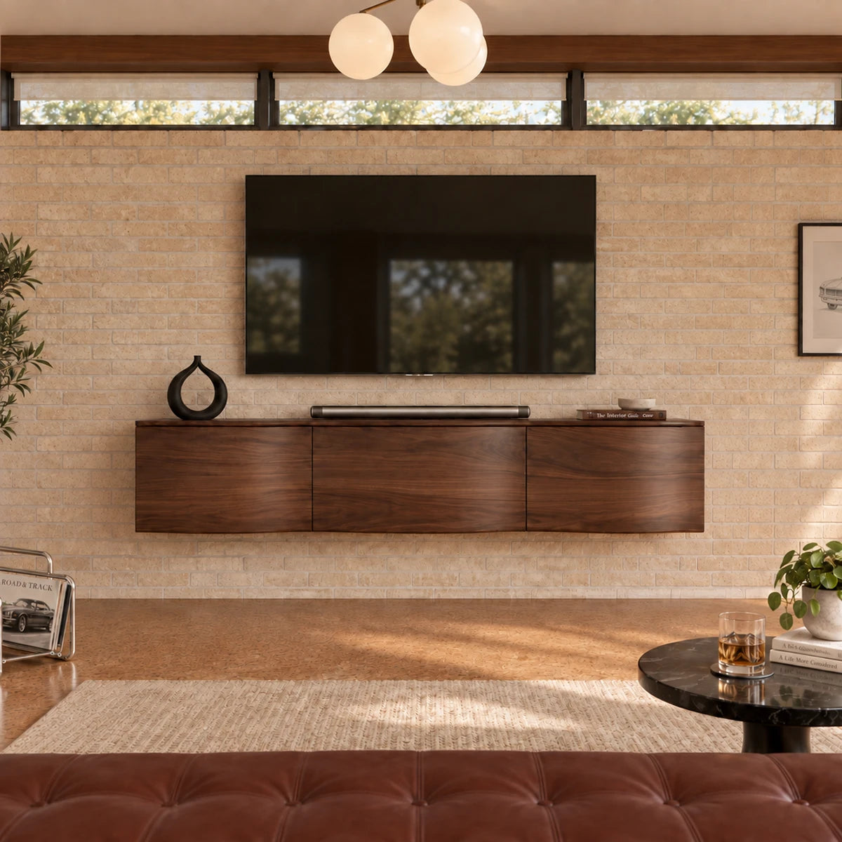 Refined entertainment center in solid wood with a floating base and clean geometry