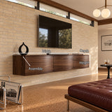 Architectural media stand in solid wood with wall-mounted placement and clean lines
