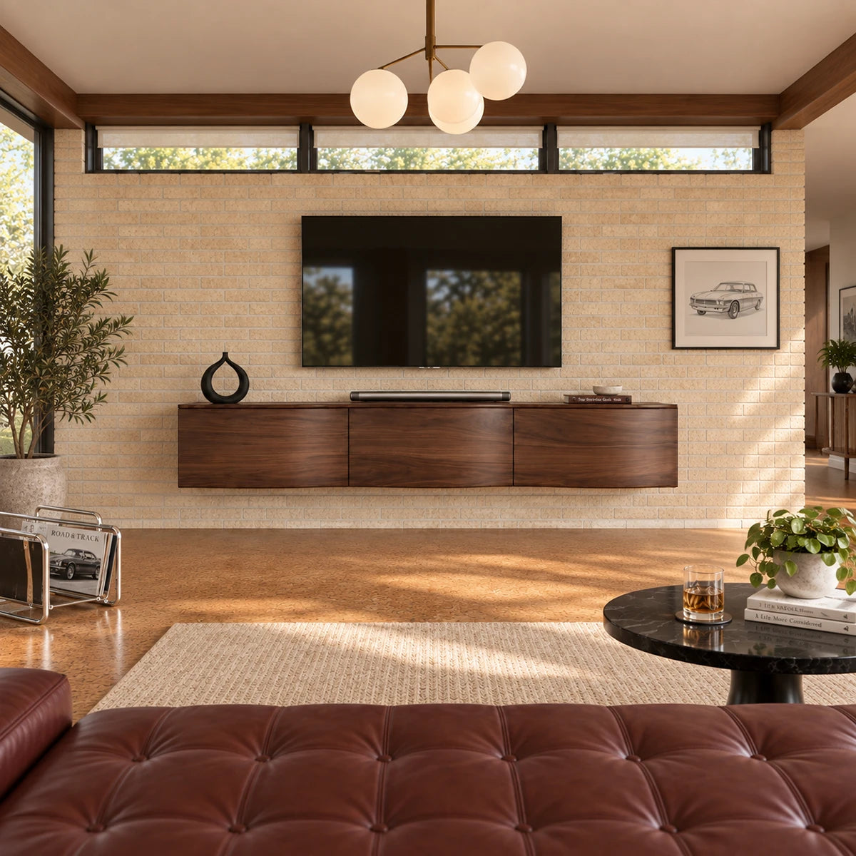 Modern media console in solid wood with floating design and streamlined profile
