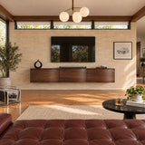 Modern media console in solid wood with floating design and streamlined profile
